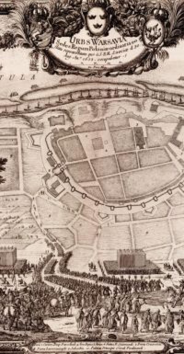 Rycina przedstawiająca bitwę warszawską 1656 roku. W tle widoczny plan Warszawy (Starego Miasta) z obrysem fortyfikacji...