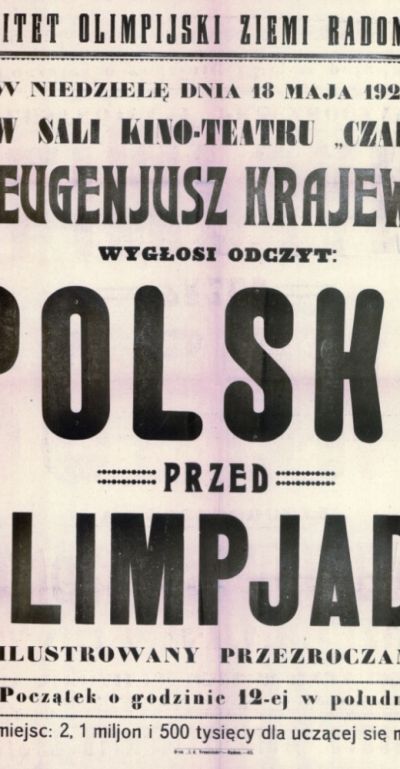 Afisz zapowiadający prezentację na temat pierwszego występu Polski na letniej olimpiadzie w Paryżu w 1924 r.