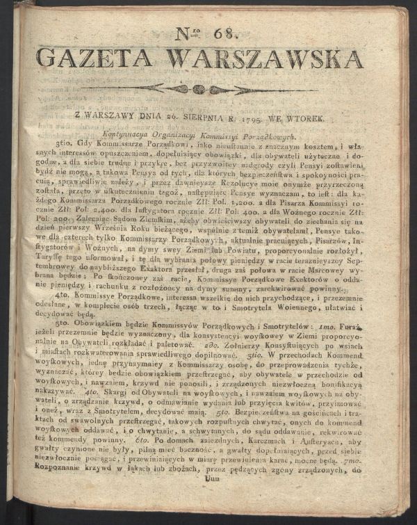 Strona tytułowa Gazety Warszawskiej z 1795 r. z zarządzeniemi rosyjskich wojsk okupujących Warszawę