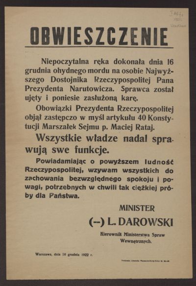 Odezwa ministra spraw wewnętrznych, Ludwika Darowskiego, po zamordowaniu prezydenta Narutowicza