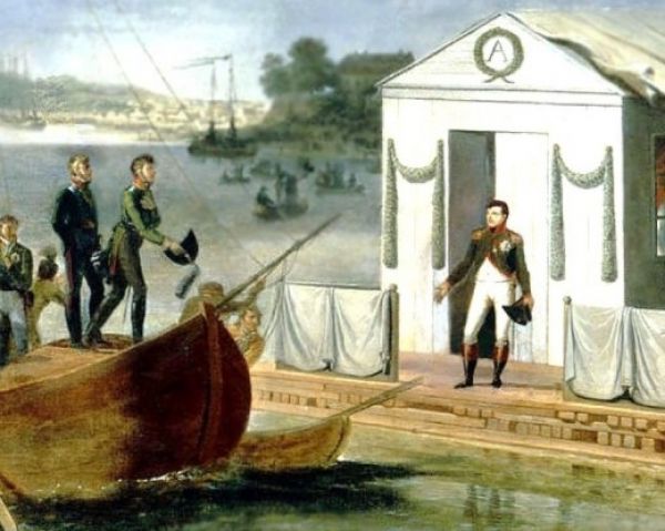 Napoleon wita cara Aleksandra I na tratwie na Niemnie w Tylży według obrazu Adolfa Roehna z 1807 r