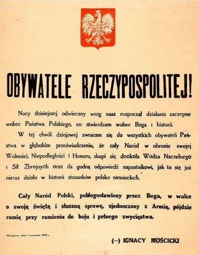 Afisz z orędziem prezydenta RP Ignacego Mościckiego z 1 września 1939 r