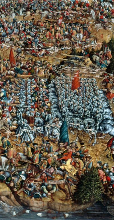 Fragment obrazu Hansa Krella "Bitwa pod Orszą" przedstawiający szarżę husarii