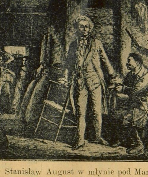 rycina Stanisław August w młynie pod Marymontem z książki Antoniego J. Rolle Porwanie króla: opowiadanie historyczne