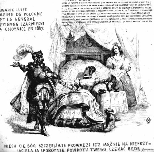 Rycina z XIX wieku przedstawiająca Stefana Czarnieckiego i królową Marię Gonzagę w Chojnicach w 1657 r