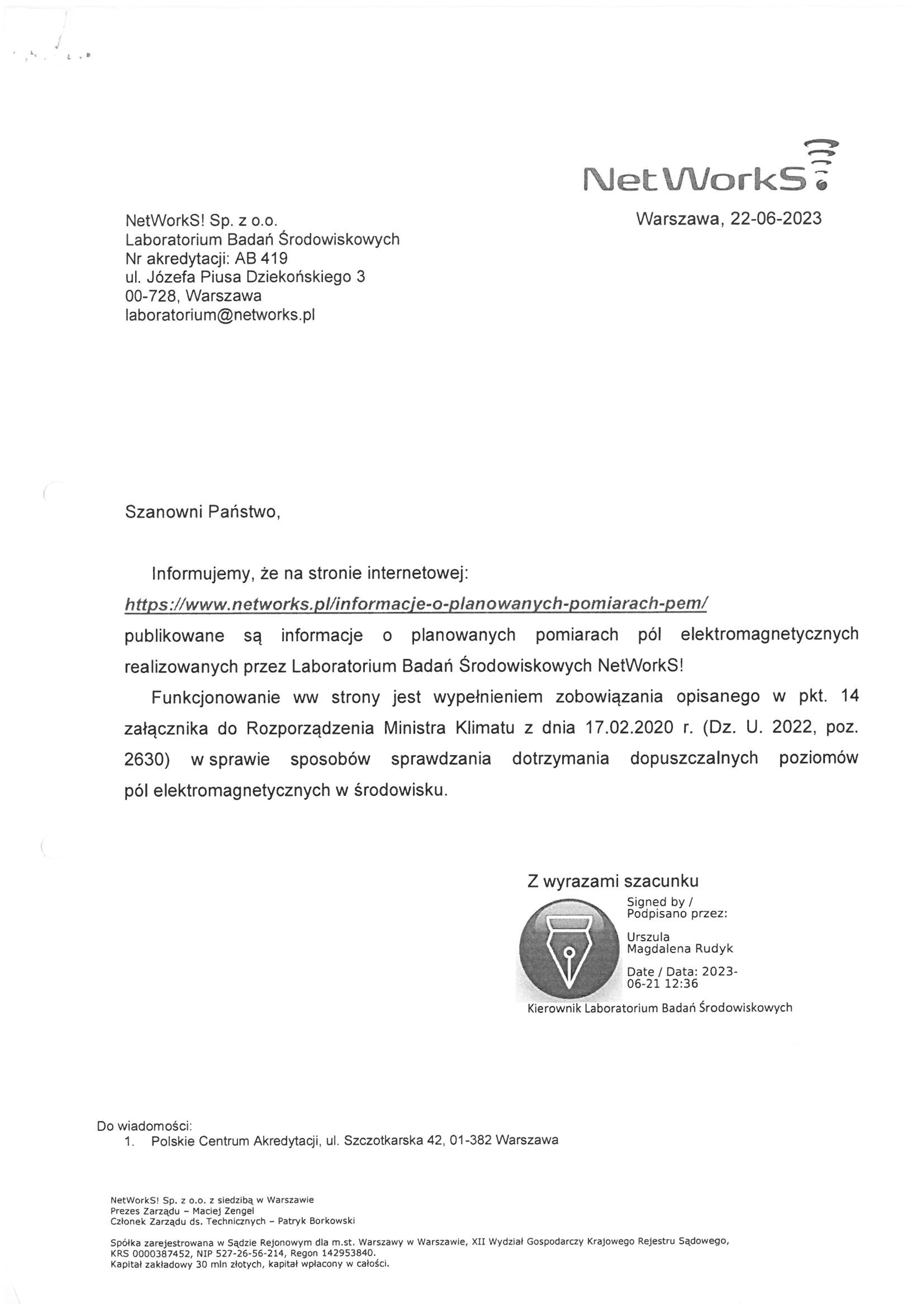 Pismo z informacją o pomiarach