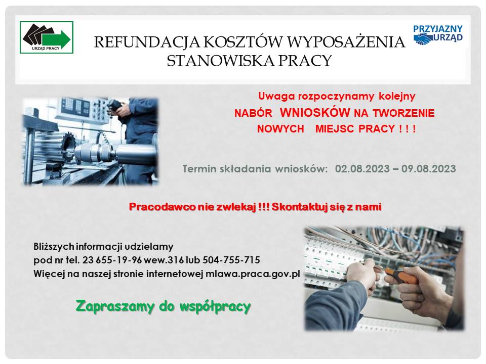 Refundacja kosztów wyposażenia stanowiska pracy - plakat z Urzędu Pracy