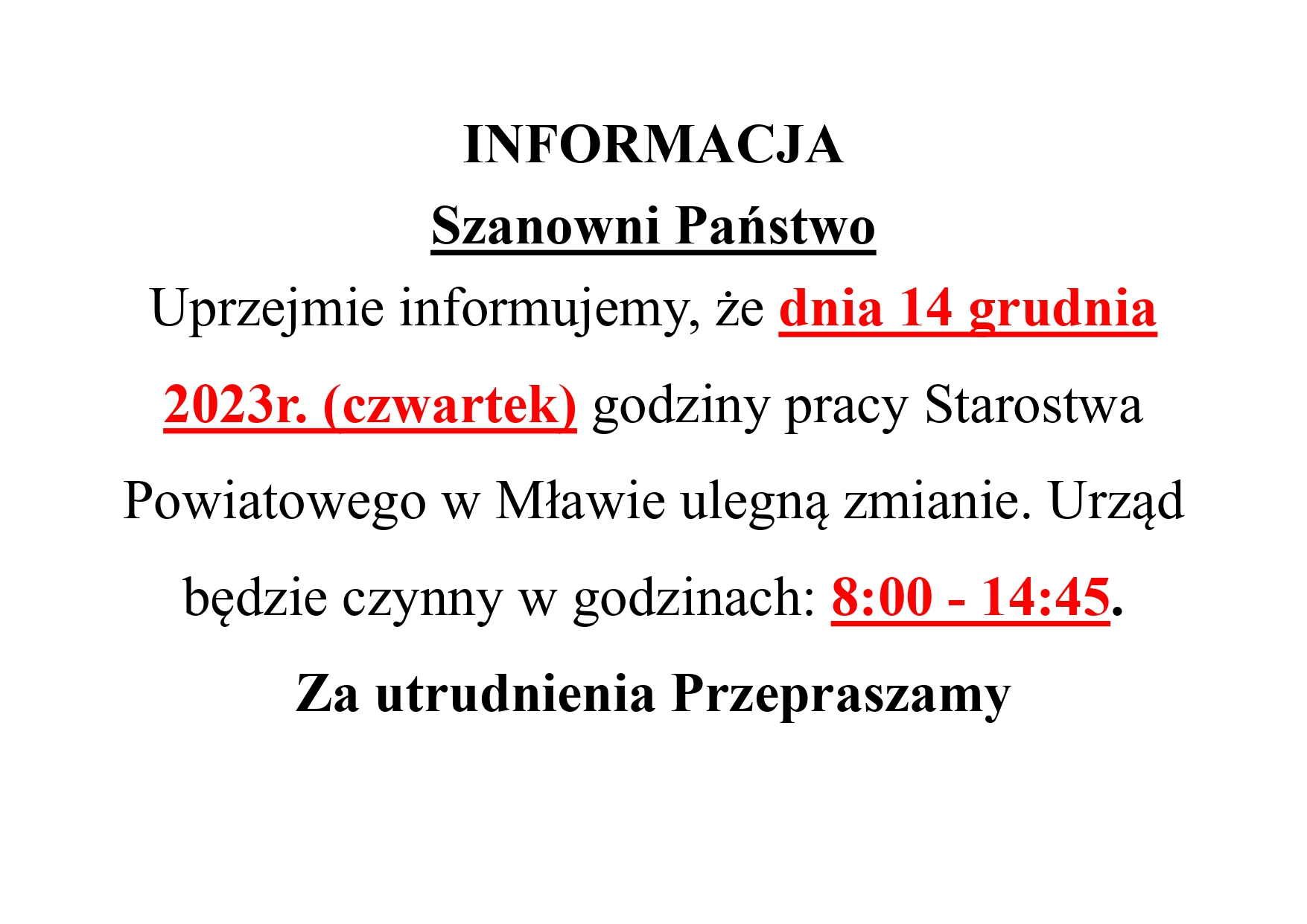 Informacja o godzinach pracy Starostwa Powiatowego