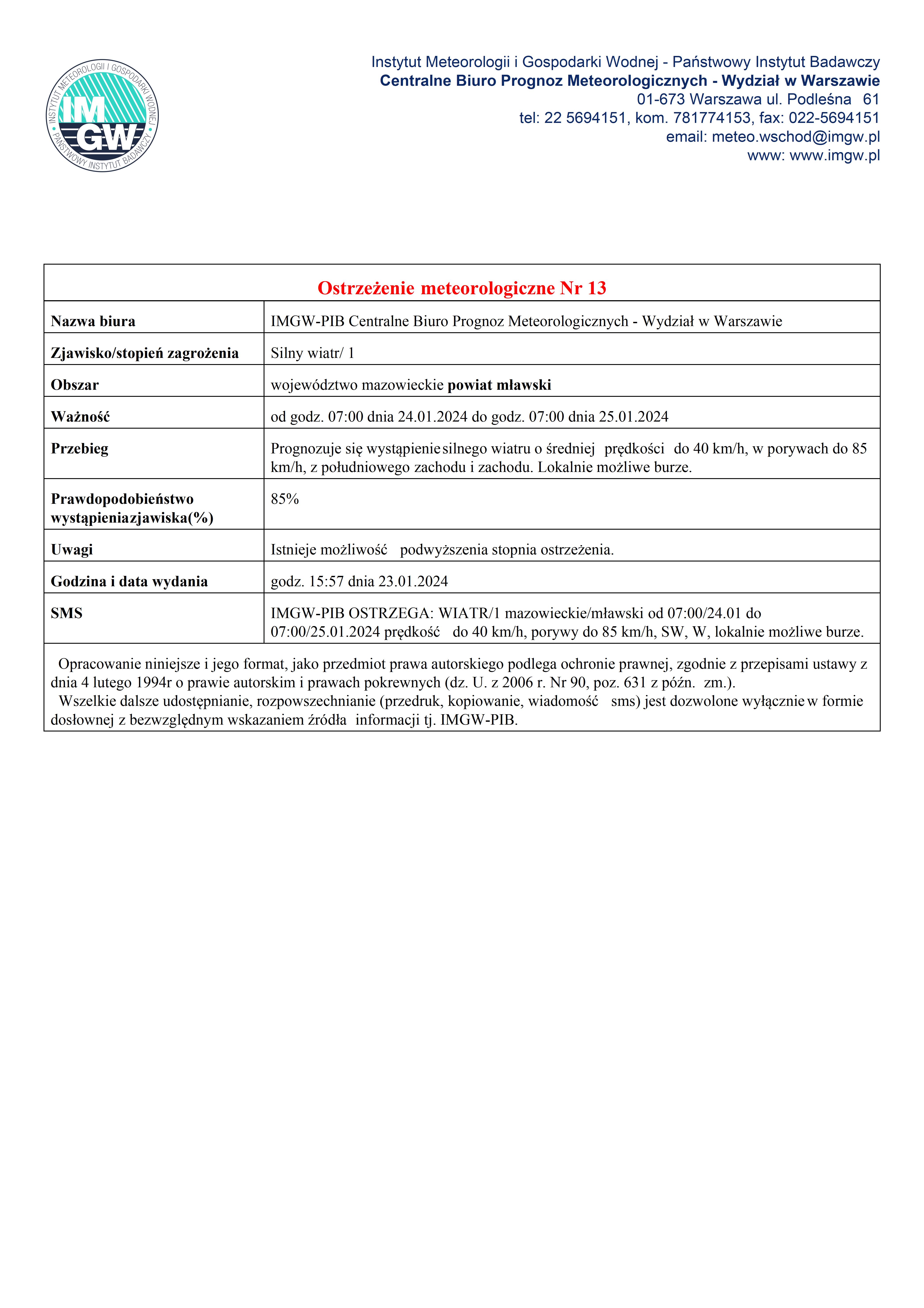 Ostrzeżenie meteorologiczne Nr 13