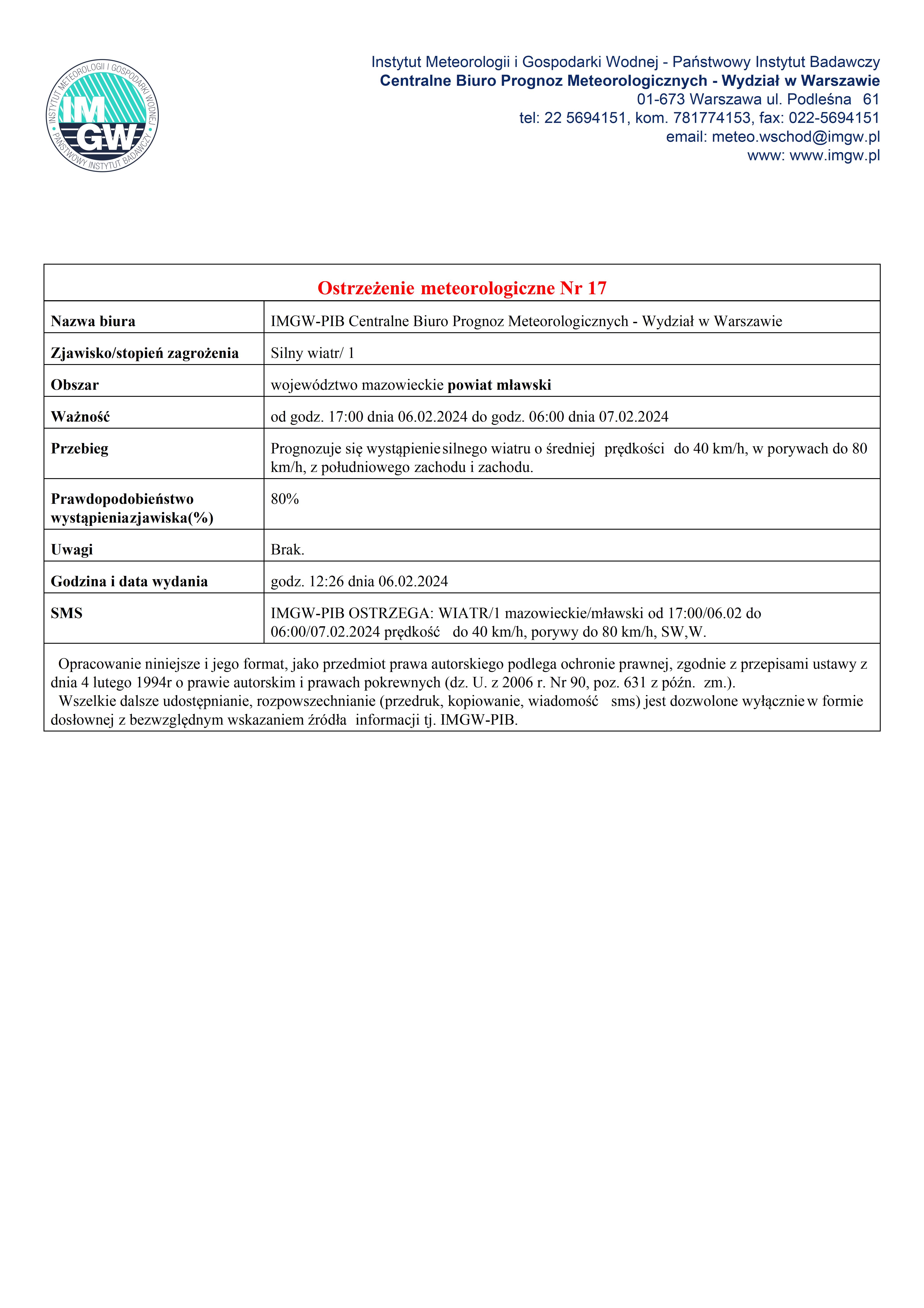 Ostrzeżenie meteorologiczne Nr 17