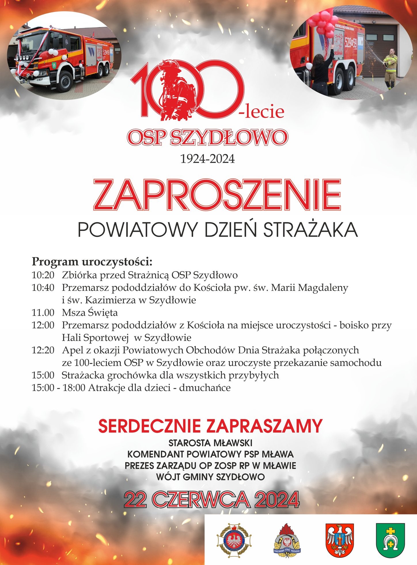 Zaproszenie na 100-lecie OSP Szydłowo oraz na Powiatowy Dzień Strażaka