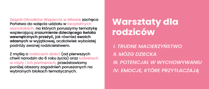 Wkrótce ruszają warsztaty dla rodziców, kobiet w ciąży i ich partnerów - zapraszamy do zapisywania się