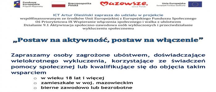 Rekrutacji do projektu „Postaw na aktywność, postaw na włączenie"